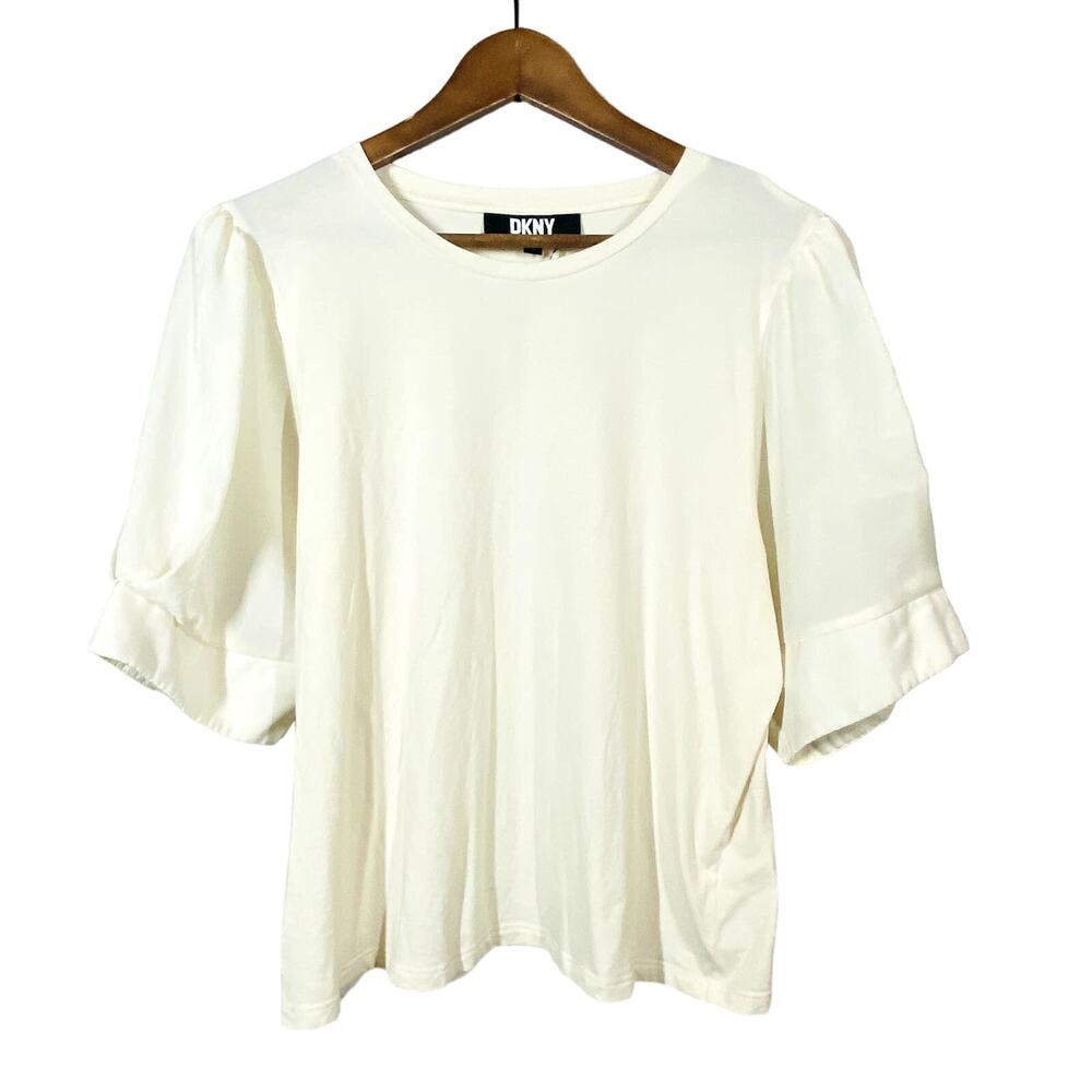 DKNY Balloon Sleeve Tee Top Shirt Champagne Cream Scoop Neck - XL